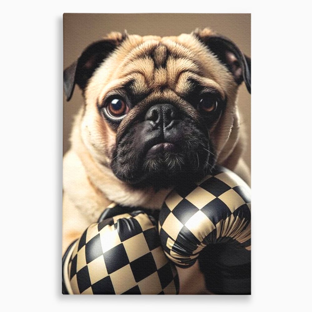 Tablou canvas cu tablou canvas cu pug in manusi de box, fara rama, pe sasiu de lemn